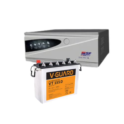 SF Sonic VGuard Combo – Trusted Inverter and Battery Solution SF Sonic VGuard combo with sine wave inverter and 150Ah V-Guard tubular battery for reliable home
