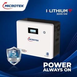 Microtek I-Lithium WiFi 3000 25.6V SW 2000VA/1680W Pure Sine Wave inverter with an internal 25.6V 100Ah Lithium Iron Phosphate (LiFePO4) battery, providing 2.56 kWh of total energy storage